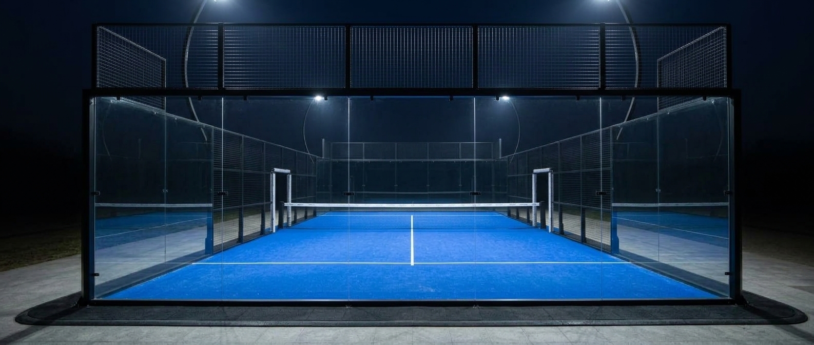 Blaues Padelspielfeld mit eingeschalteter LED-Beleuchtung bei Nacht